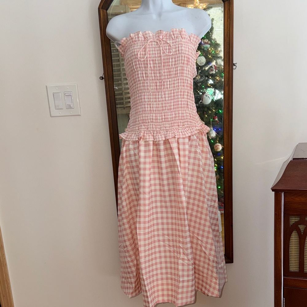 Anthropologie For Love And Lemons Peach Gingham Petal Smocked Midi Dress NWT M - Picture 5 of 10